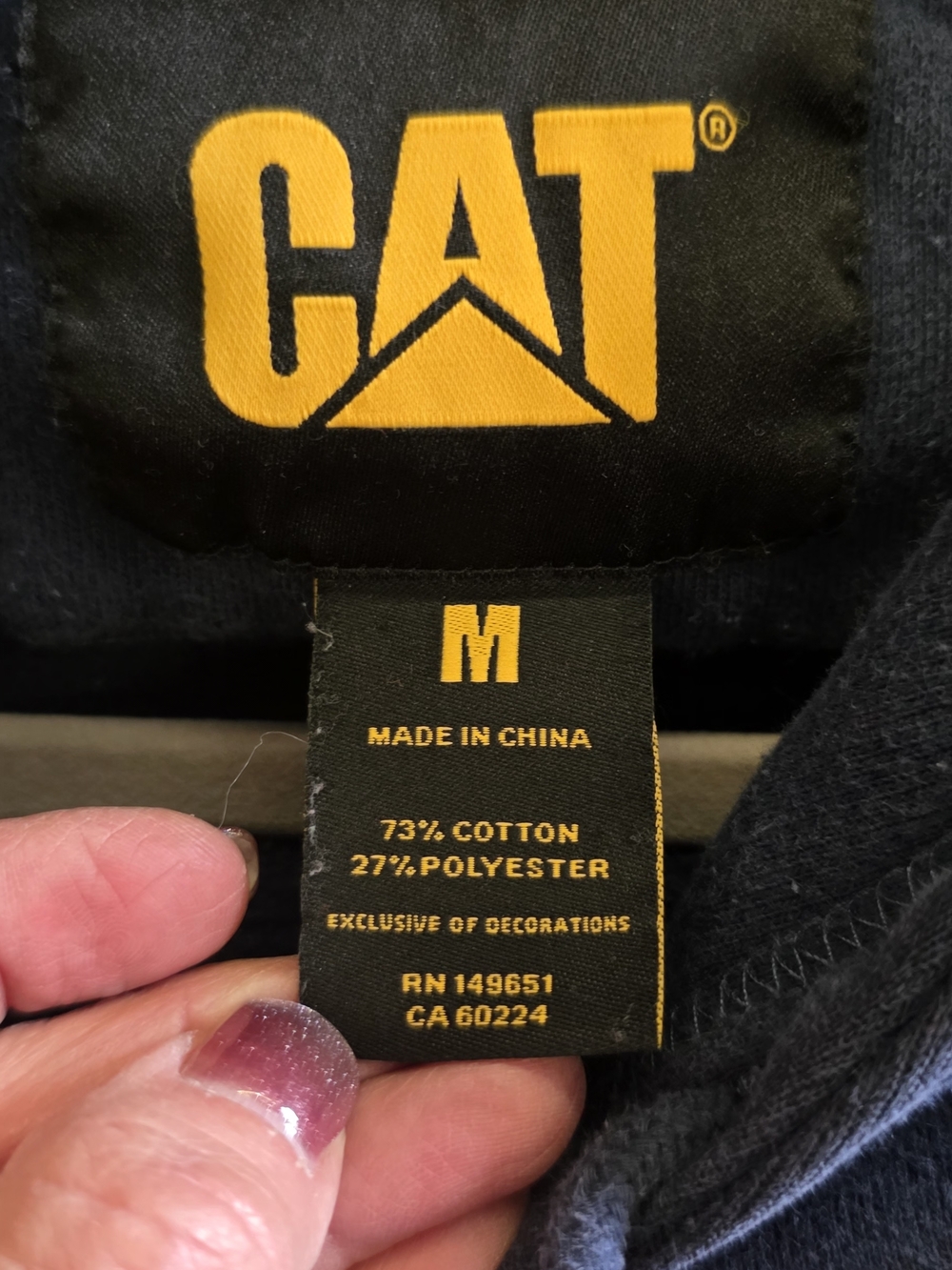 CAT Caterpillar Hoodie Navy Logo Pullover Sweatshirt Workwear Heavyweight Mens M - Picture 7 of 13